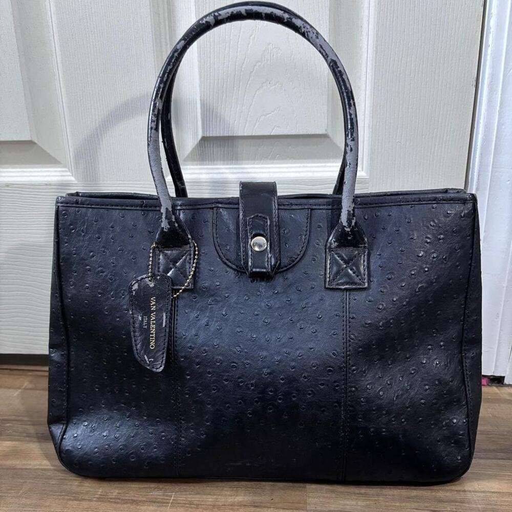 Vintage Van Valentino Italy Black Ostrich Leather Bag! Top Handle Bag.